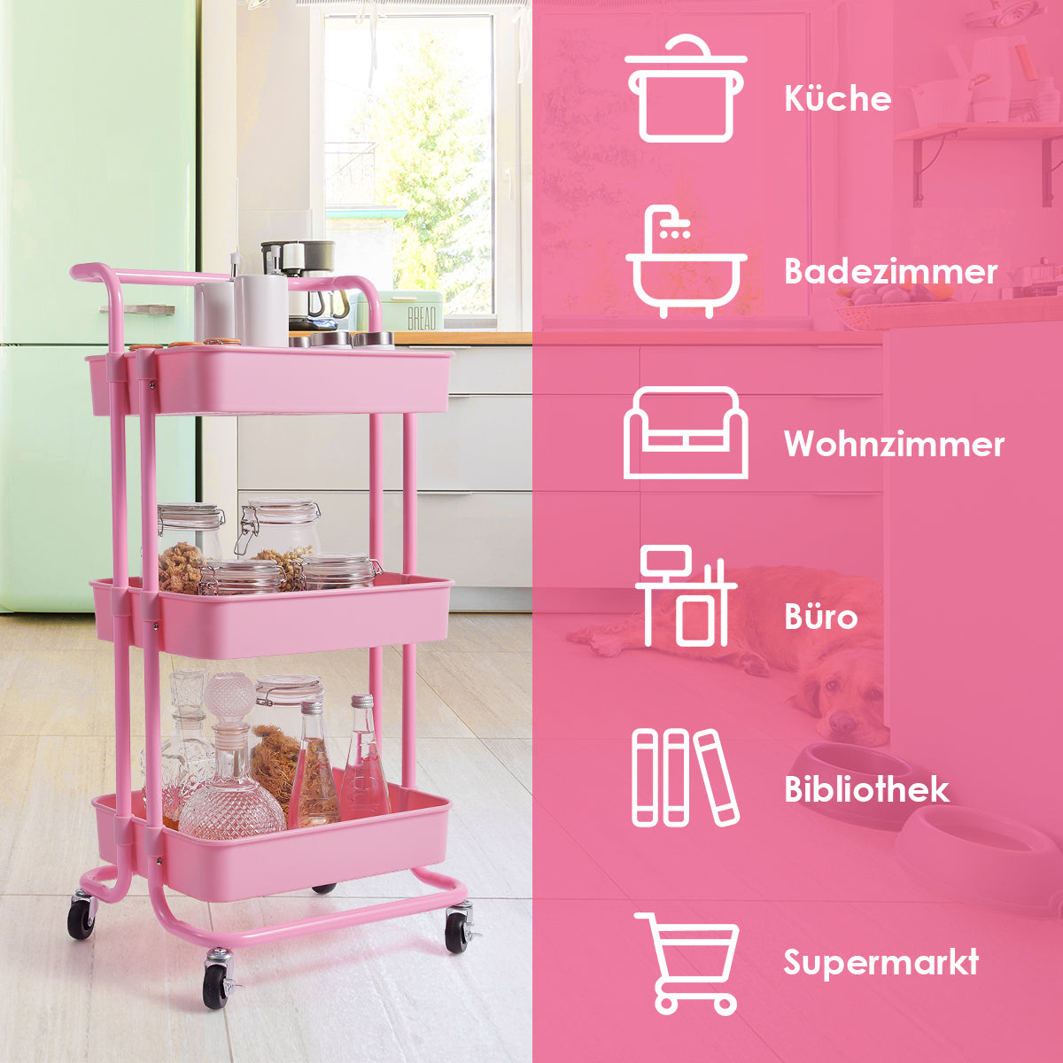 hyllor – Rullvagn Multi Purpose Cart med handtag Enkel montering – 3 – Rosa