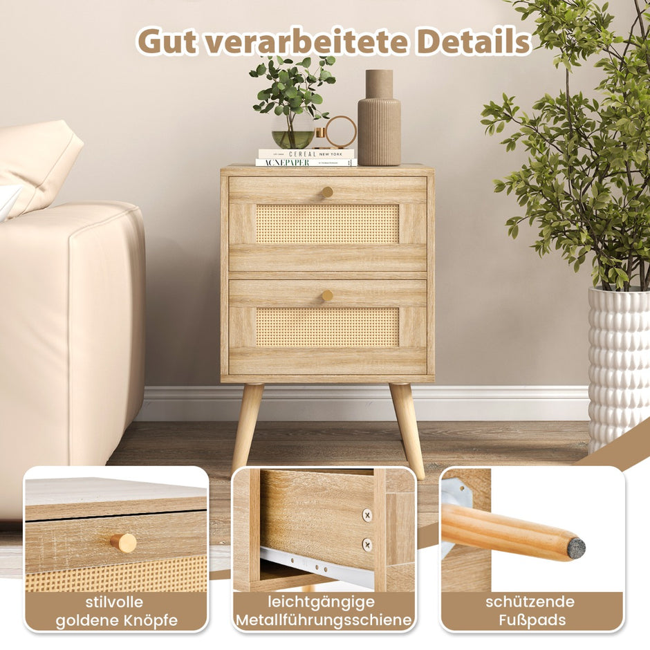 Set – med nattduksbord i rotting i boho stil lådor och sängbord ben i massivt – 2 2 – Natur