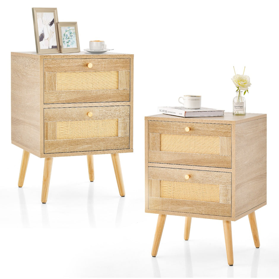 Set – med nattduksbord i rotting i boho stil lådor och sängbord ben i massivt – 2 2 – Natur