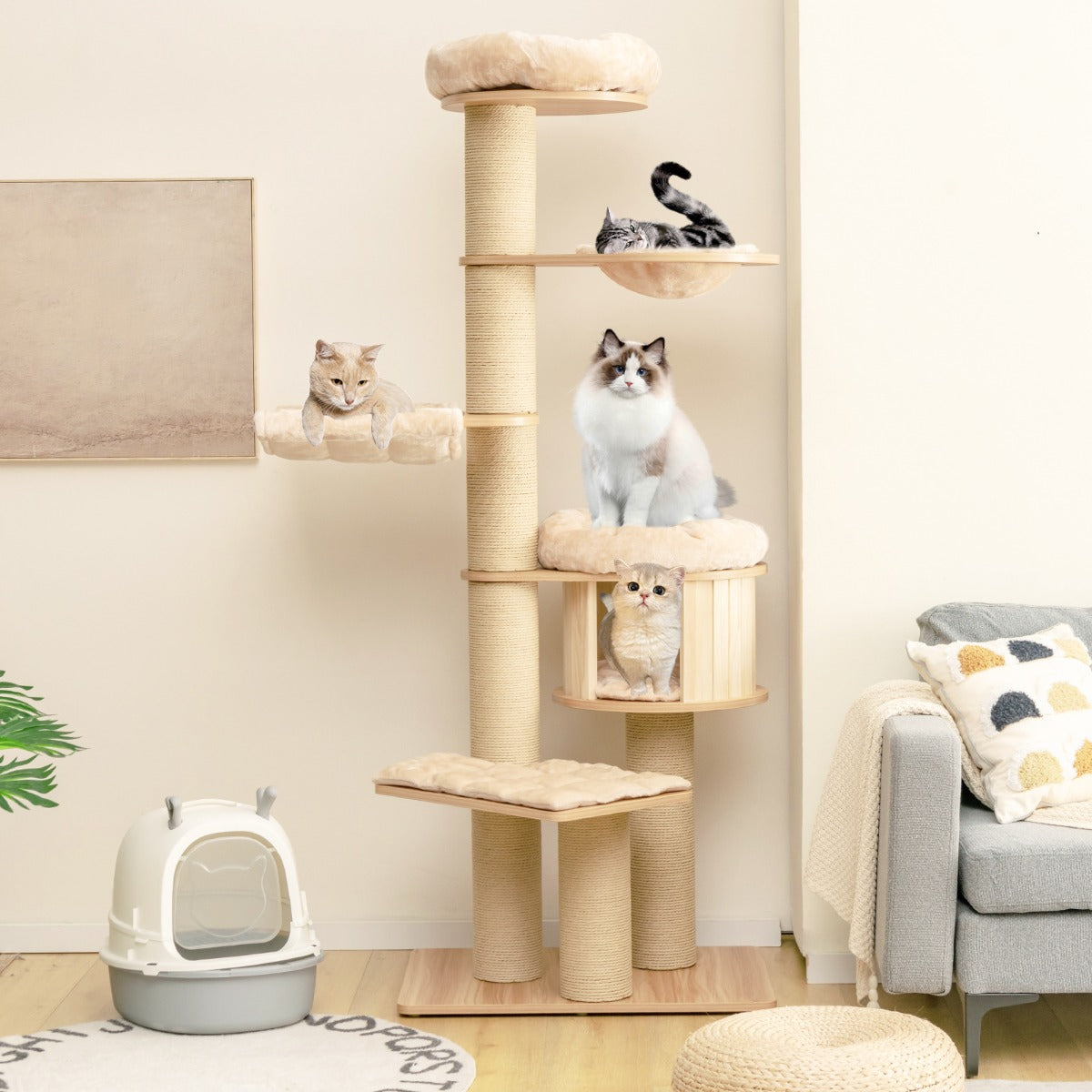 vånings – träkattträd med hängmatta och kattgrotta korgbädd sisalstolpar – 6 191 cm – Beige