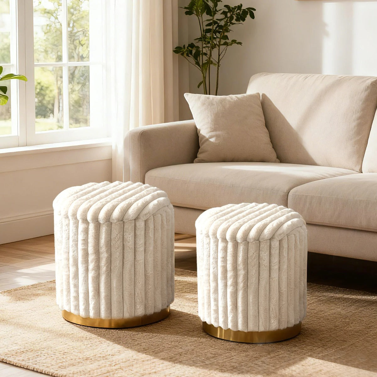 Modernt – ottomanset med st. + runda pallar kaninpälsöverdrag och avtagbara lock – 2 32 L 21 L – Beige