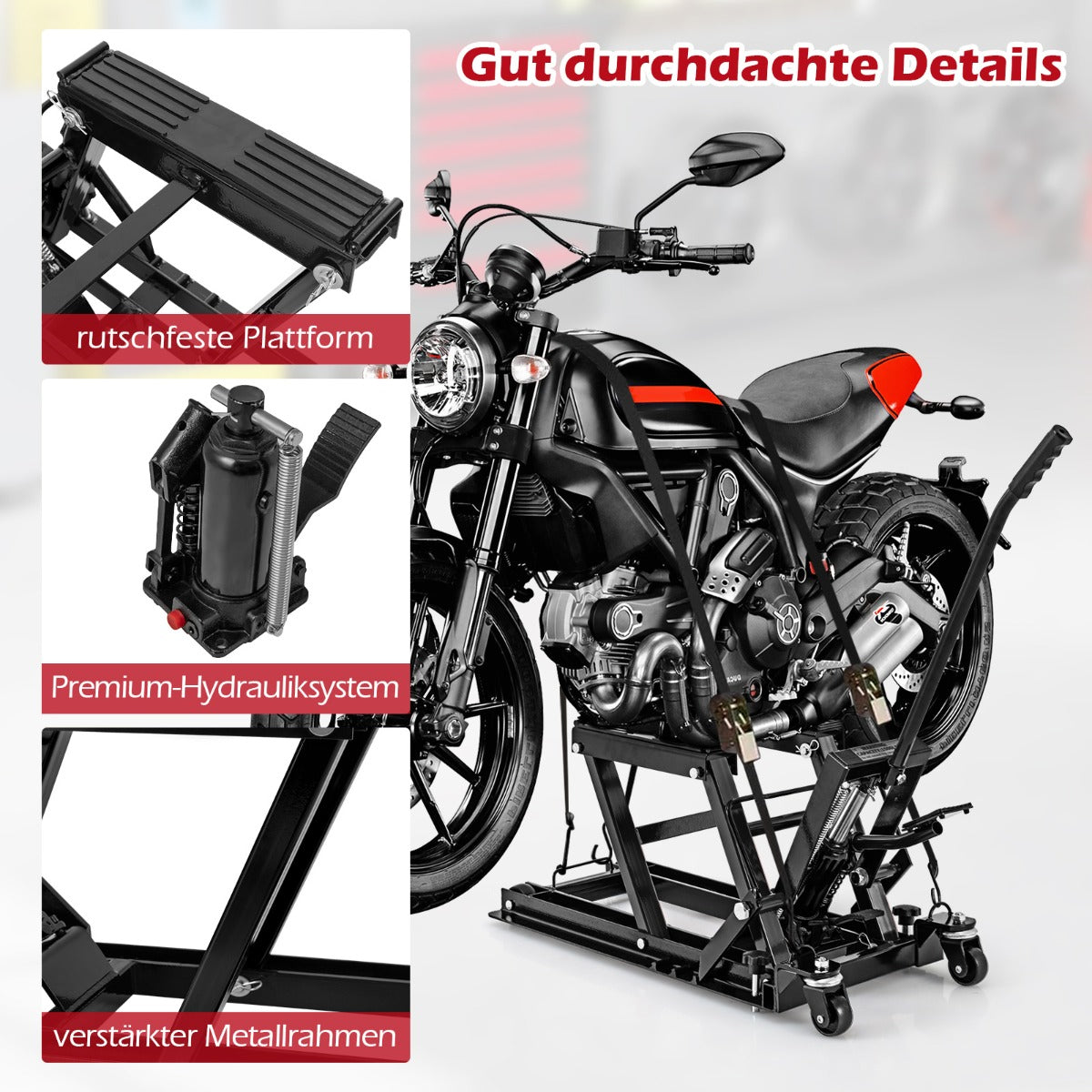 Motorcykellyftplattform – upp till stegs höjdjusterbar hydraulisk motorcykeljack – 680 kg 3 – Svart