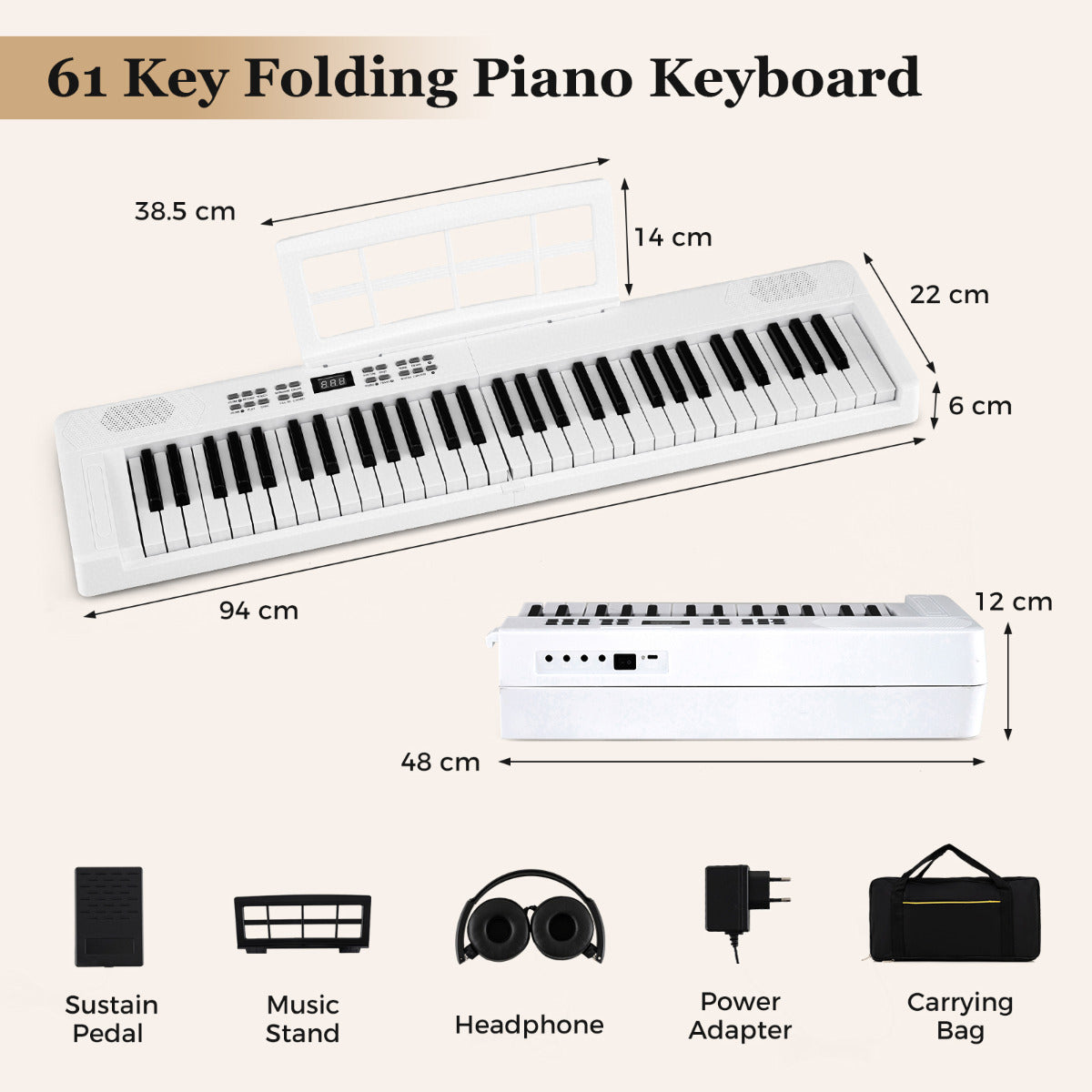 tangenters – hopfällbart pianokeyboard fullvärdigt elektroniskt med MIDI och Split funktion Vitt – 61 – Vit