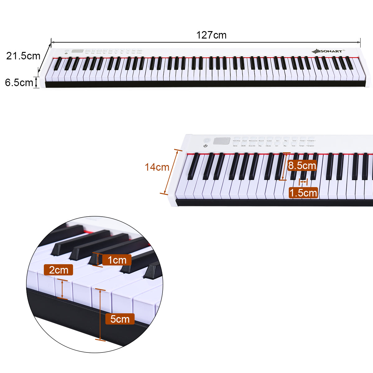 Digitalt – piano med tangenter Bärbar elektronisk klaviatur + – 88 127 x 21,5 x 6,5 cm – Svart och vit