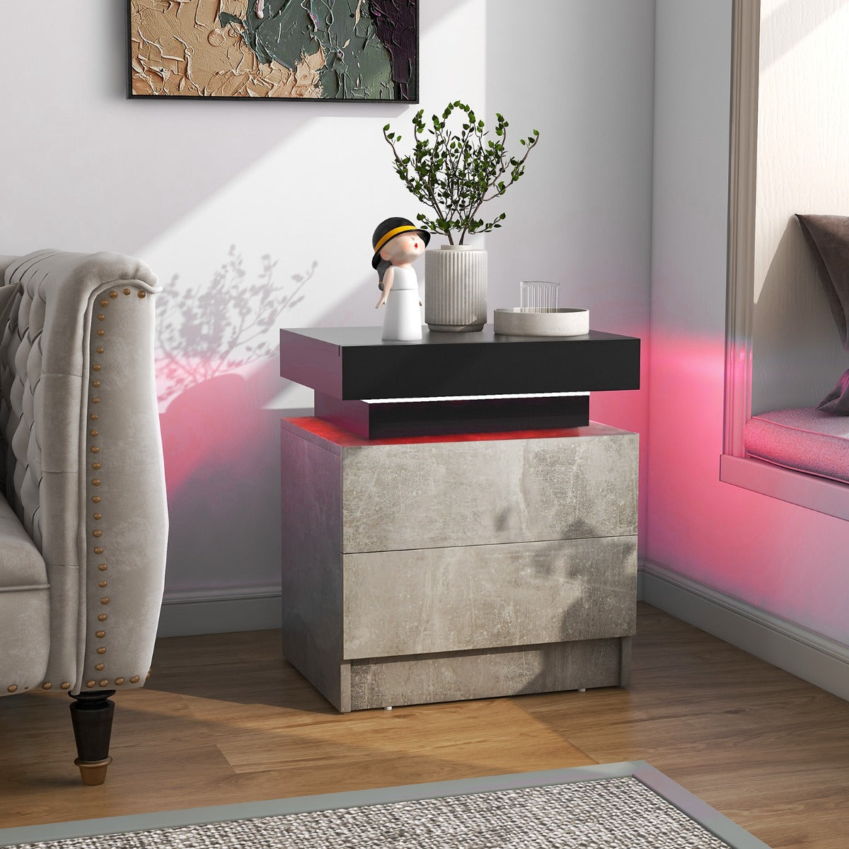 Sängbord – med LED lampor och lådor fjärrkontroll Sängskåp – 2 45 x 35 x 52 cm – Grå
