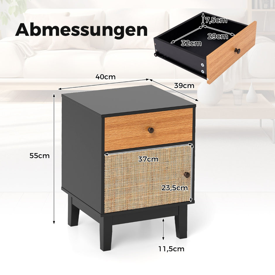 Rotting – nattduksbord med låda och skåp sängbord sidobord soffbord i boho stil – Svart