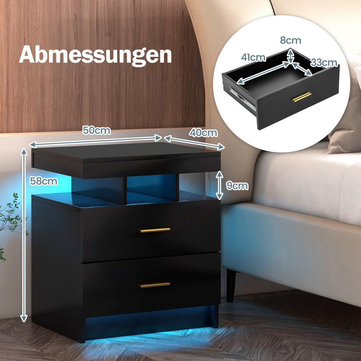 Sängbord – med LED belysning Nattduksbord Sidobord lådor – 2 50 x 40 x 58 cm – Svart