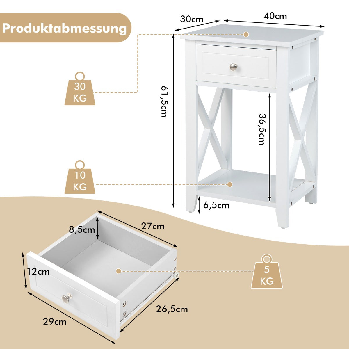 Set – med formade sängbord låda och nedre förvaringsfack Modernt sidobord vitt – 2 x – Vit