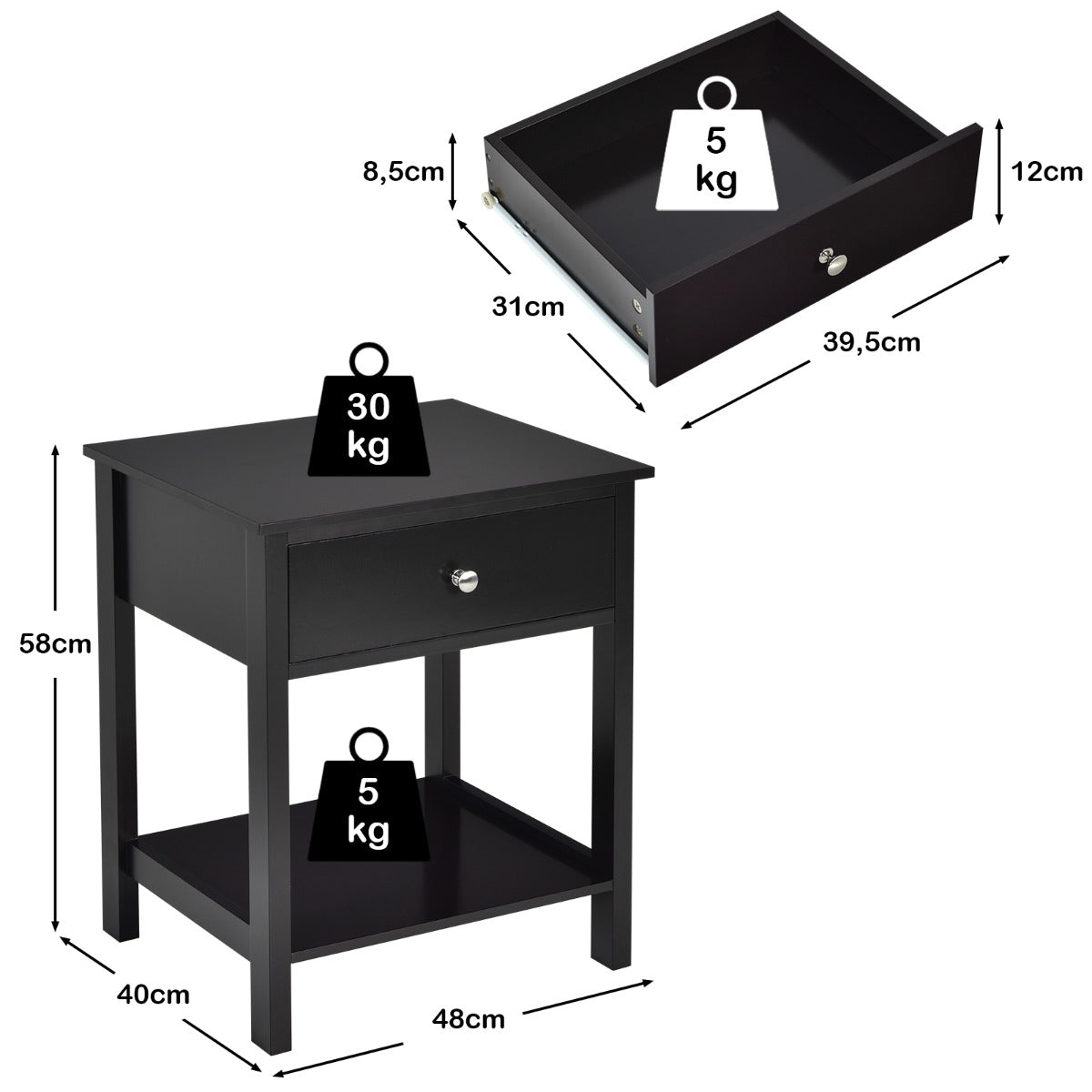 Set – med vånings sängbord lådor, nattduksbord, – 2 2 48 x 40 x 58 cm – Svart