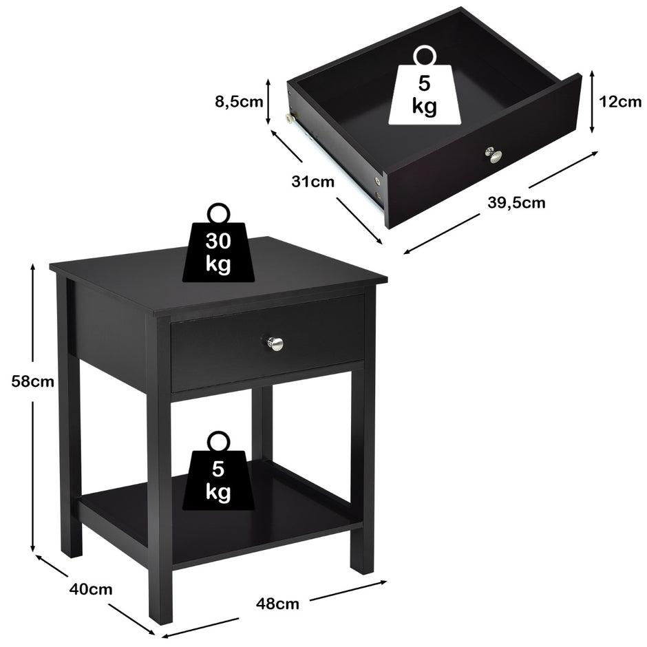 Set – med vånings sängbord lådor, nattduksbord, – 2 2 48 x 40 x 58 cm – Svart