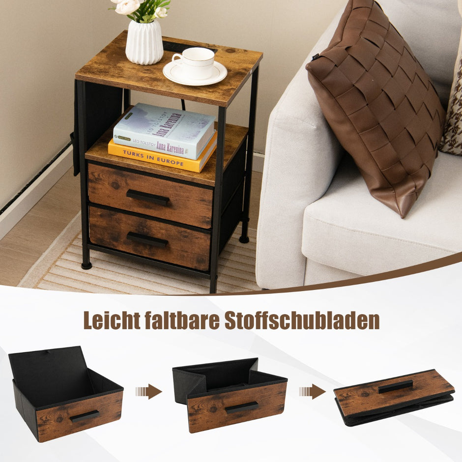 Set – med sängbord laddstation och lådor sidofickor Industriellt sidobord brunt – 2 2 6 – Rustik brun
