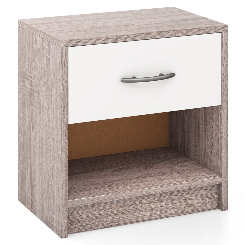 Sängbord – med låda Litet sidobord öppet fack + – 38,5 x 28 x 40,5 cm – Ljusgrå + vit