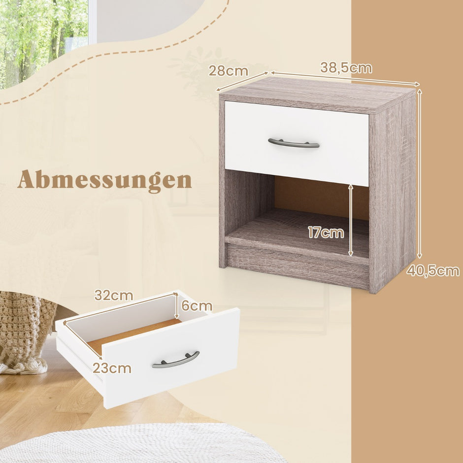 Sängbord – med låda Litet sidobord öppet fack + – 38,5 x 28 x 40,5 cm – Ljusgrå + vit