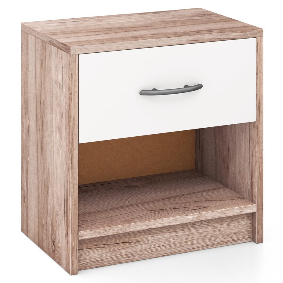 Sängbord – med låda Litet sidobord öppet fack + – 38,5 x 28 x 40,5 cm – Ek + vit