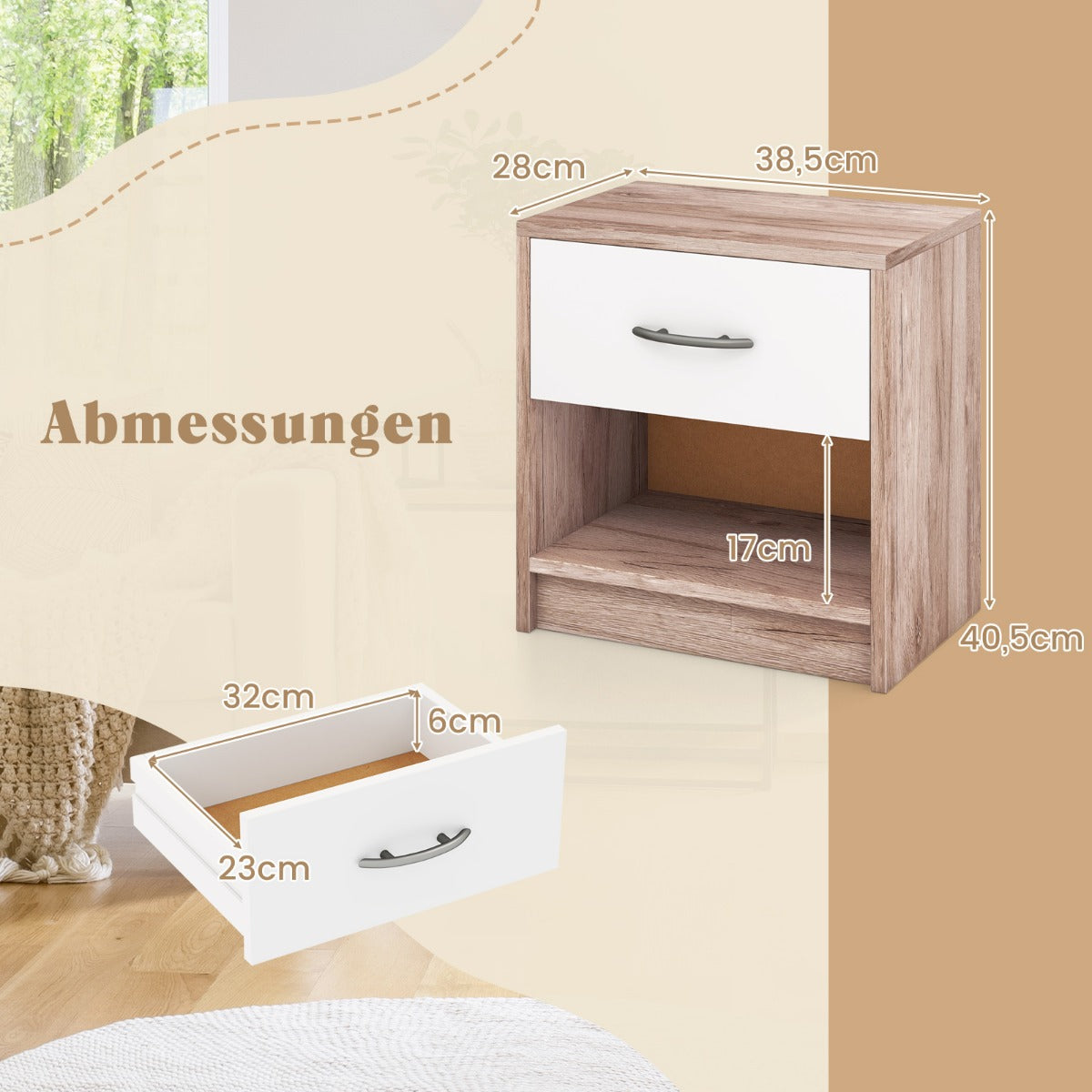 Sängbord – med låda Litet sidobord öppet fack + – 38,5 x 28 x 40,5 cm – Ek + vit
