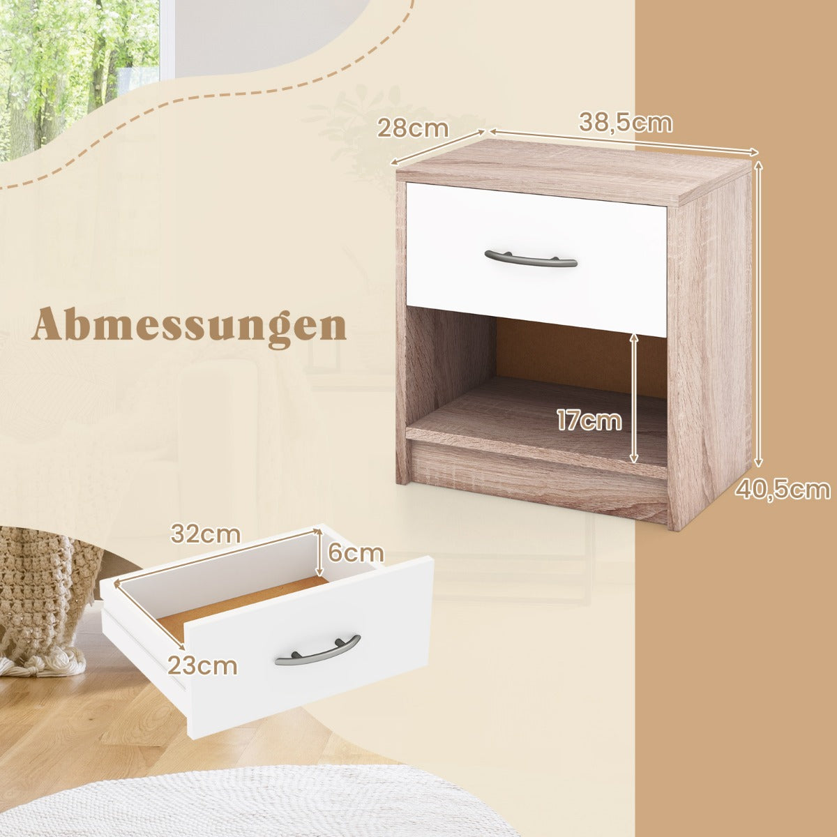 Sängbord – med låda Litet sidobord öppet fack + – 38,5 x 28 x 40,5 cm – Natur + vit