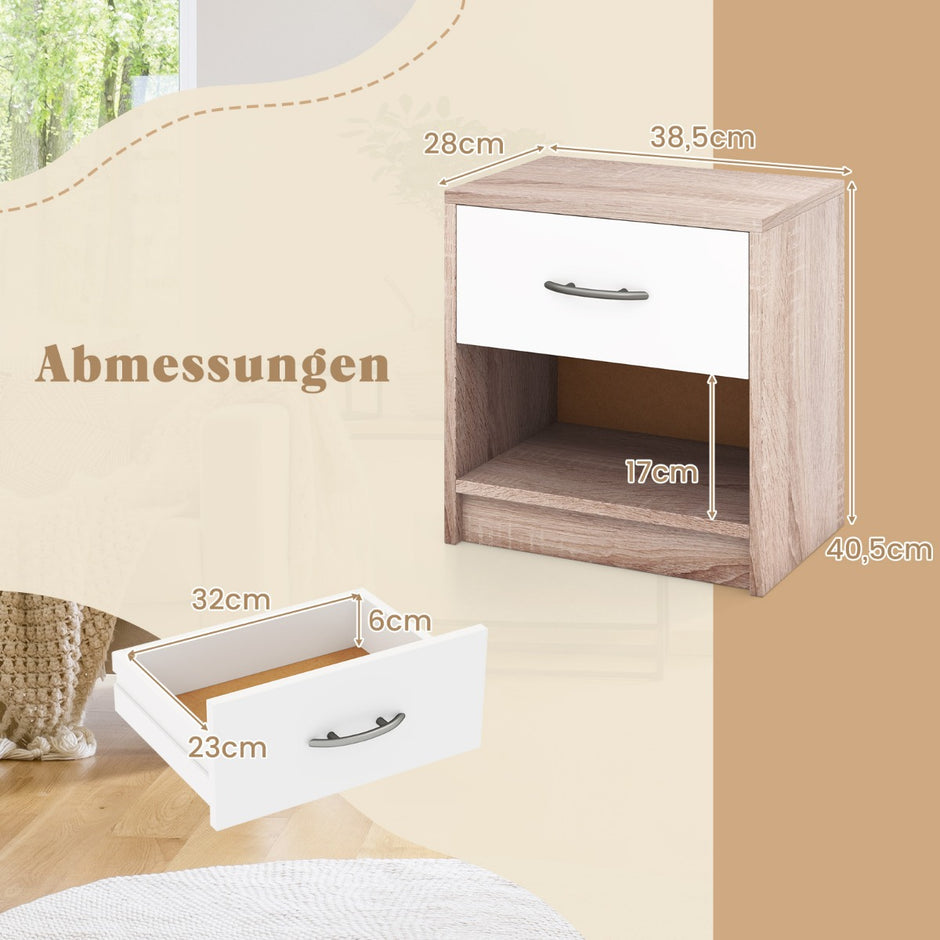 Sängbord – med låda Litet sidobord öppet fack + – 38,5 x 28 x 40,5 cm – Natur + vit