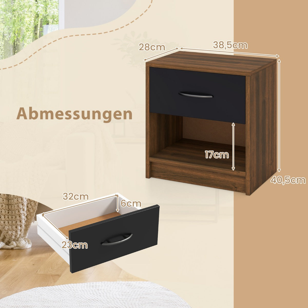 Sängbord – med låda Litet sidobord öppet fack + – 38,5 x 28 x 40,5 cm – Brun + svart