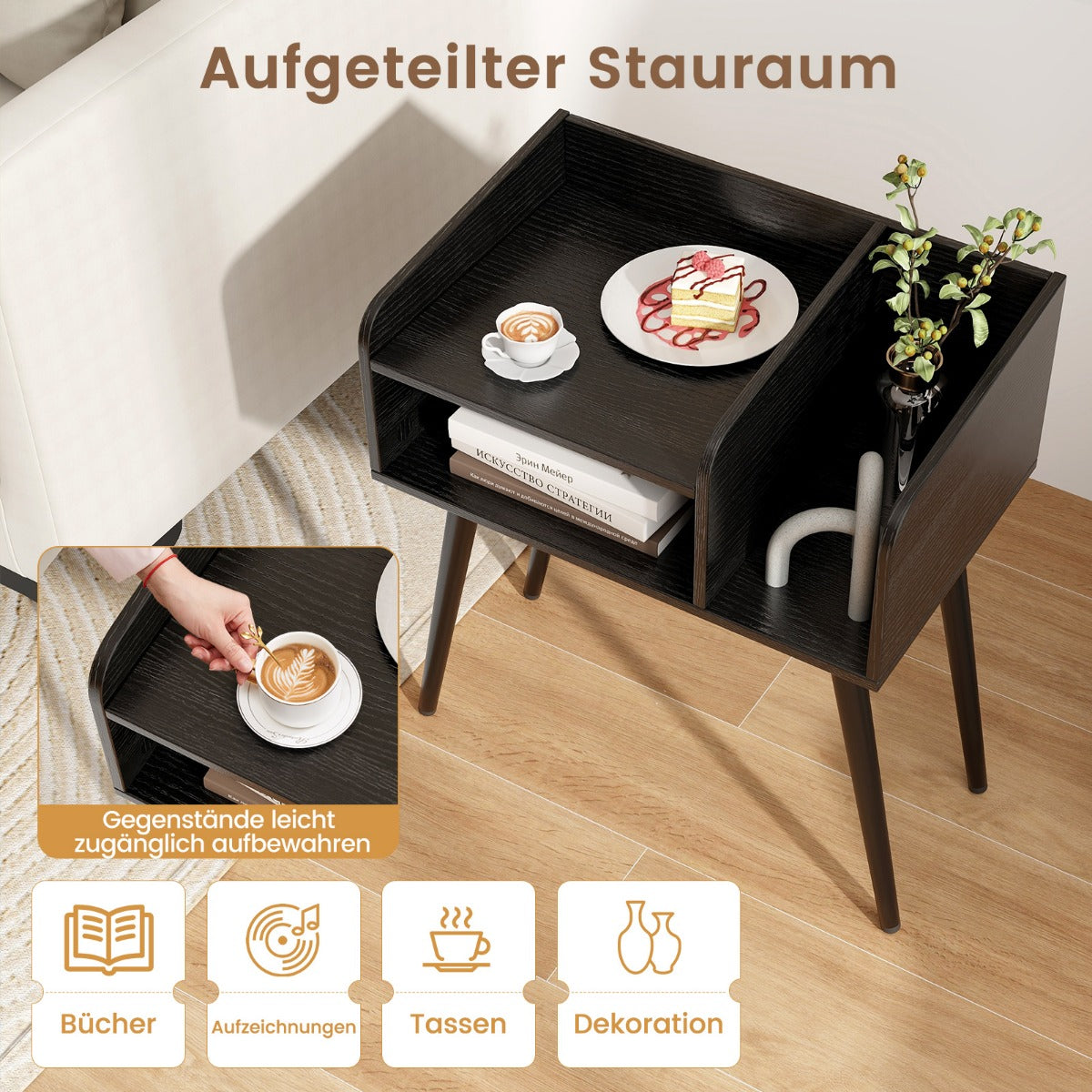Sängbord – Sidobord med öppet fack Soffbord metallstödben Styck – 50 x 32 x 58 cm 2 – Svart