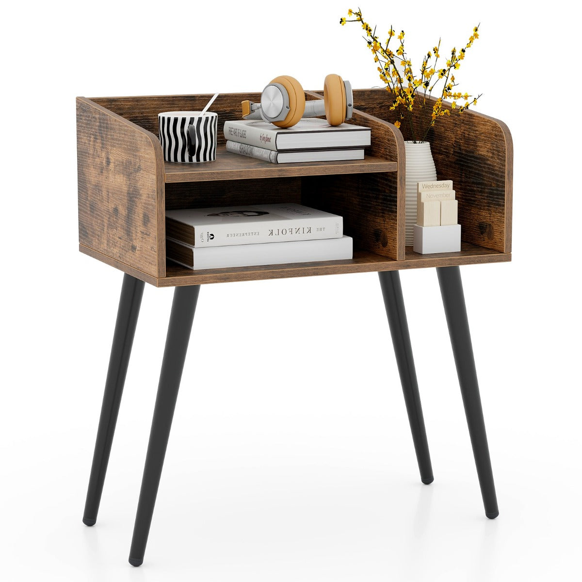 Sängbord – sidobord med öppet fack soffbord metallstödben rustikt brunt st. – 50 x 32 x 58 cm 1 – Rustik brun