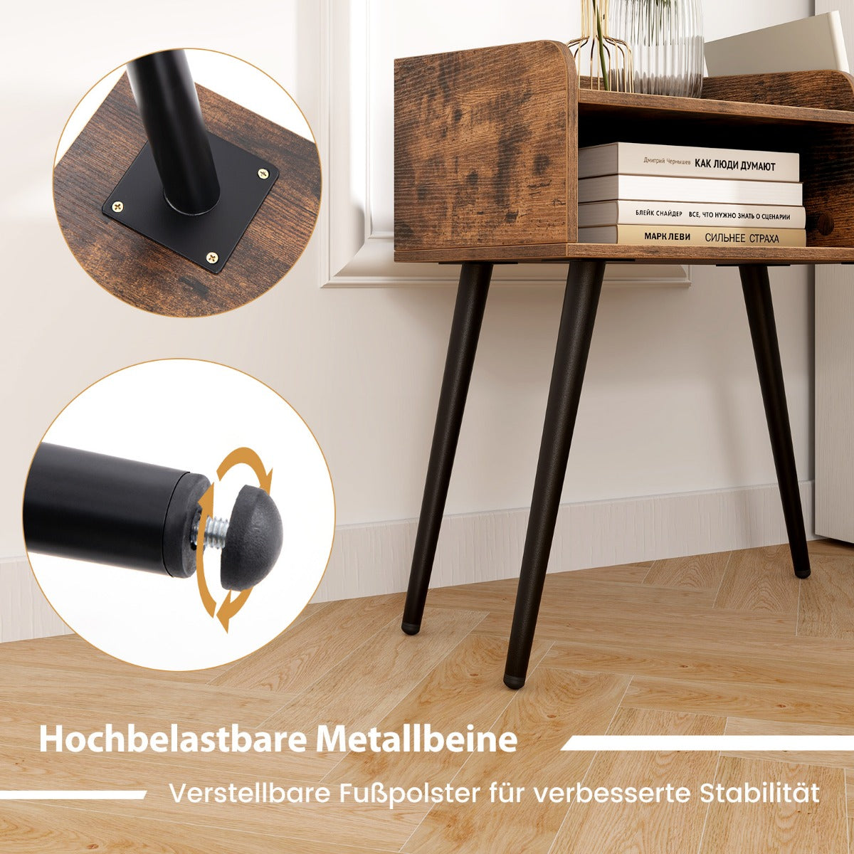 Sängbord – sidobord med öppet fack soffbord metallstödben rustikt brunt st. – 50 x 32 x 58 cm 1 – Rustik brun