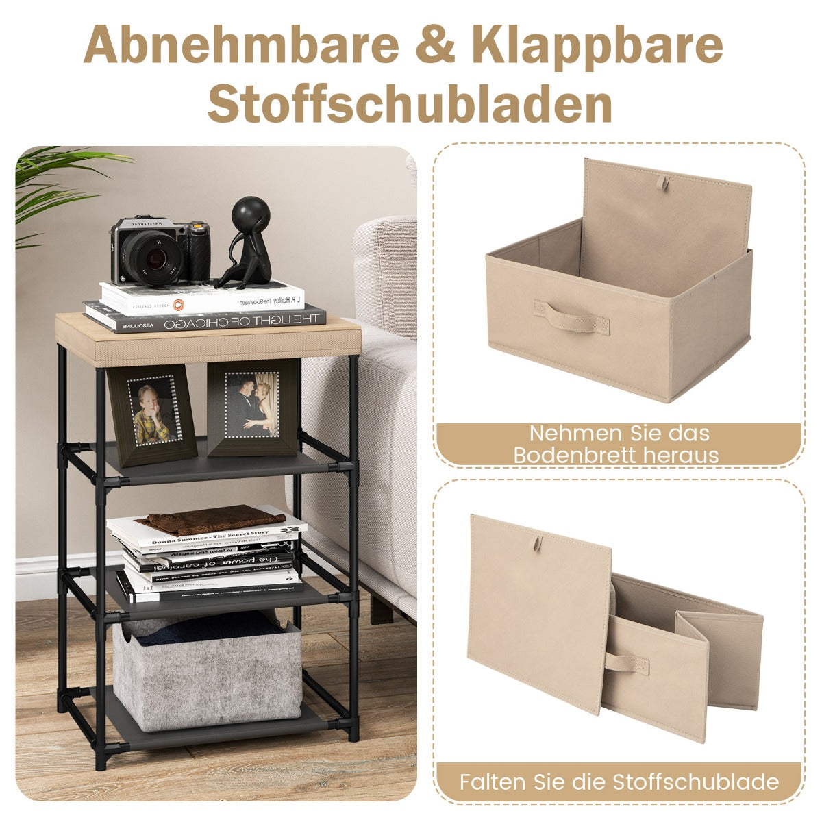 Sängbord – med tyglådor Sidobord metallstomme – 40 x 30 x 62 cm – Brun