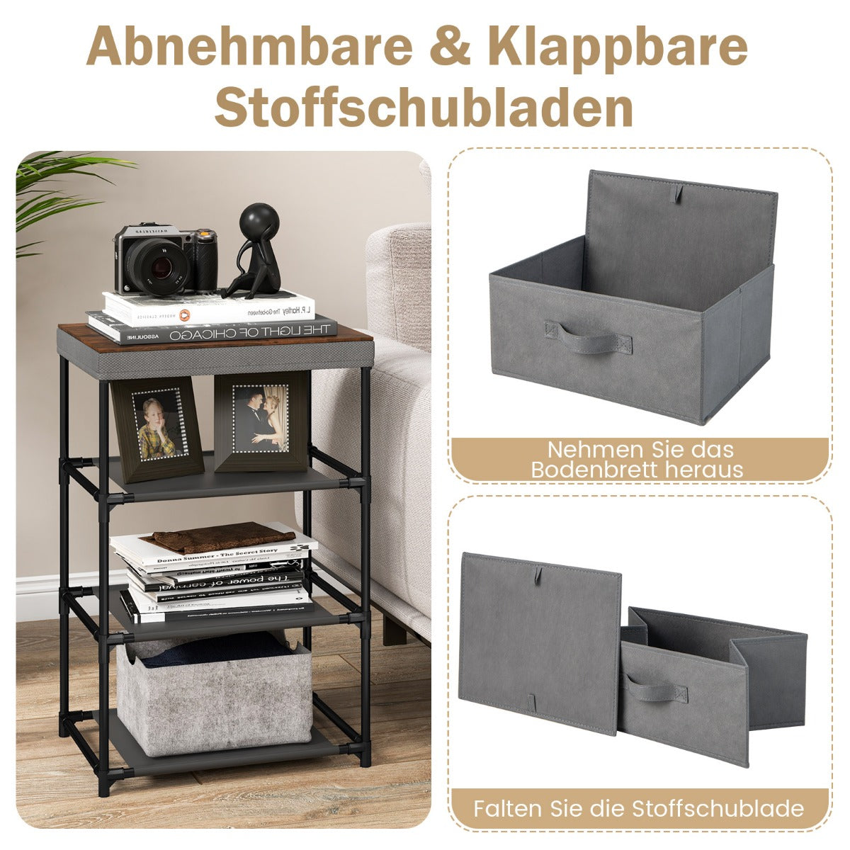 Sängbord – med tyglådor Sidobord metallstomme – 40 x 30 x 62 cm – Grå