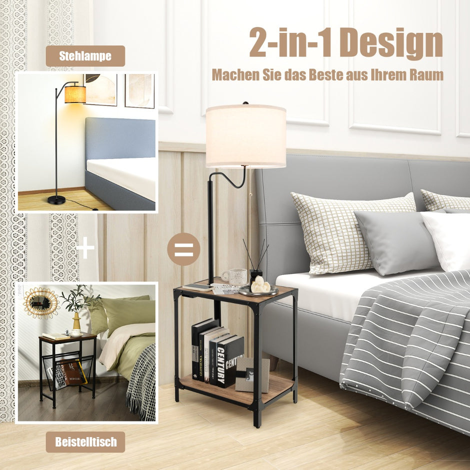 Modernt – sidobord med bordslampa och 360° roterande sänglampa – 49 x 34 x 144 cm – Brun