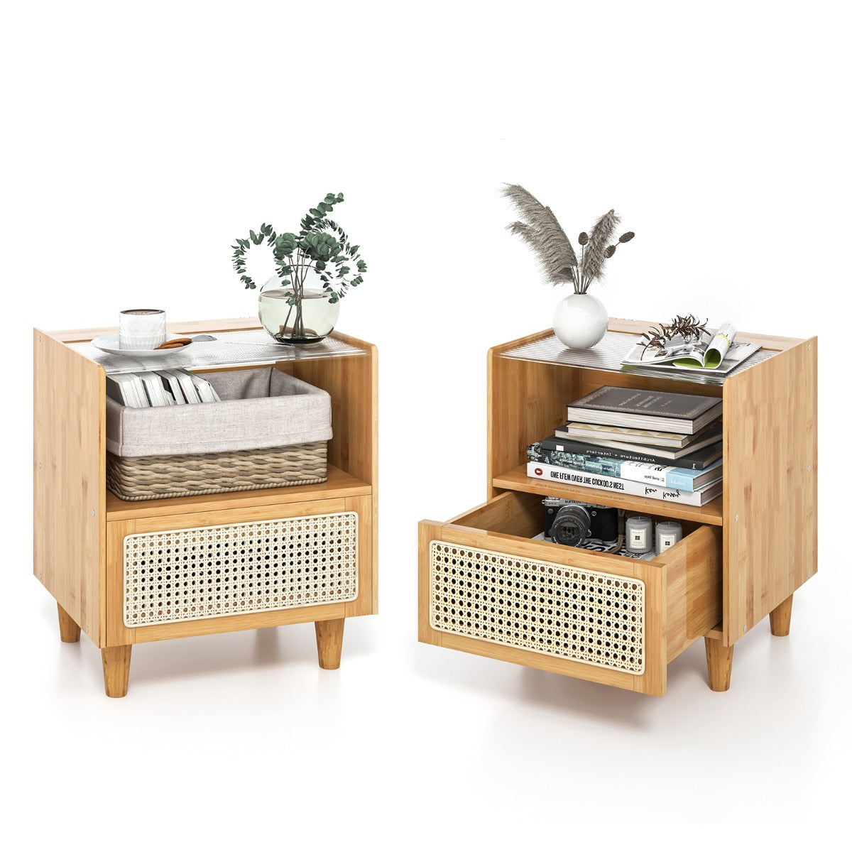Set – med bambu sängbord lådor Sidobord dolt förvaringsutrymme Natural – 2 – Natur