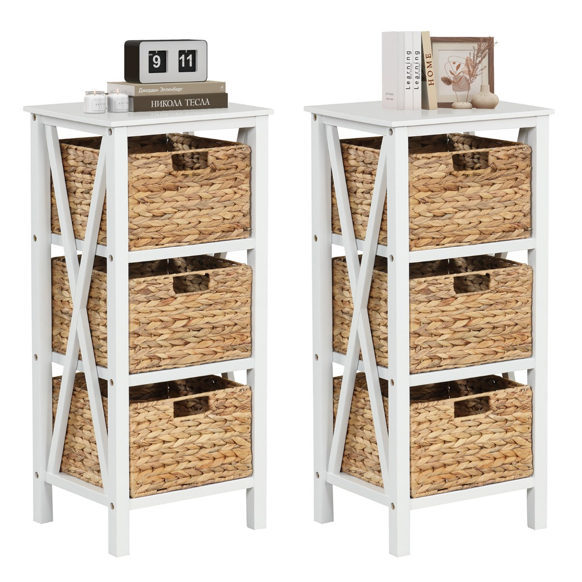 Set – med vånings sängbord sjögräskorgar och X Design smalt sidobord vitt – 2 4 3 – Vit