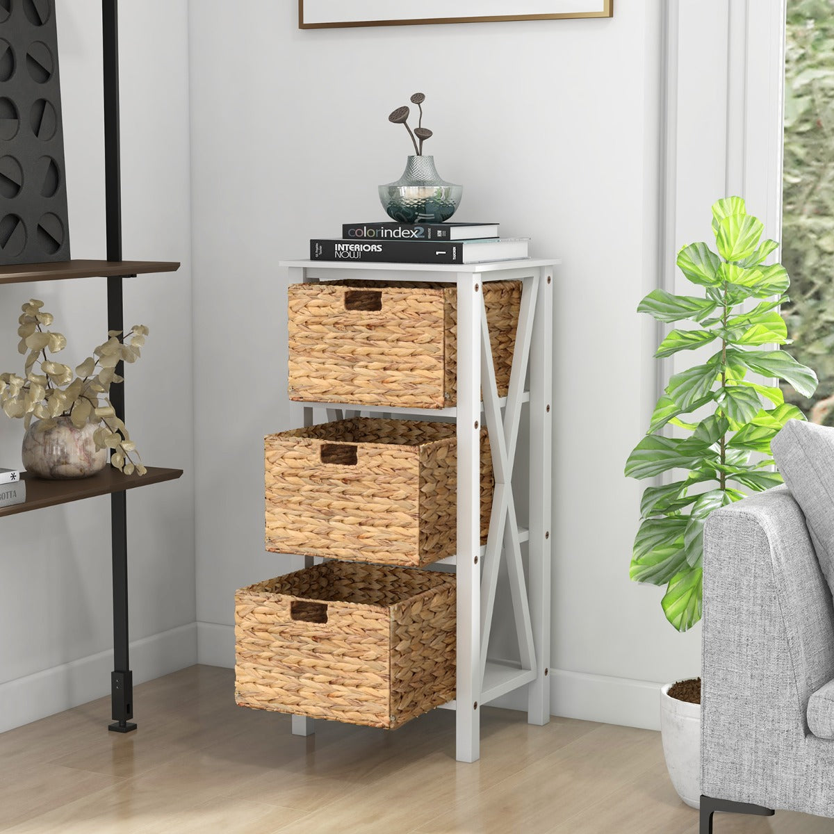 Set – med vånings sängbord sjögräskorgar och X Design smalt sidobord vitt – 2 4 3 – Vit