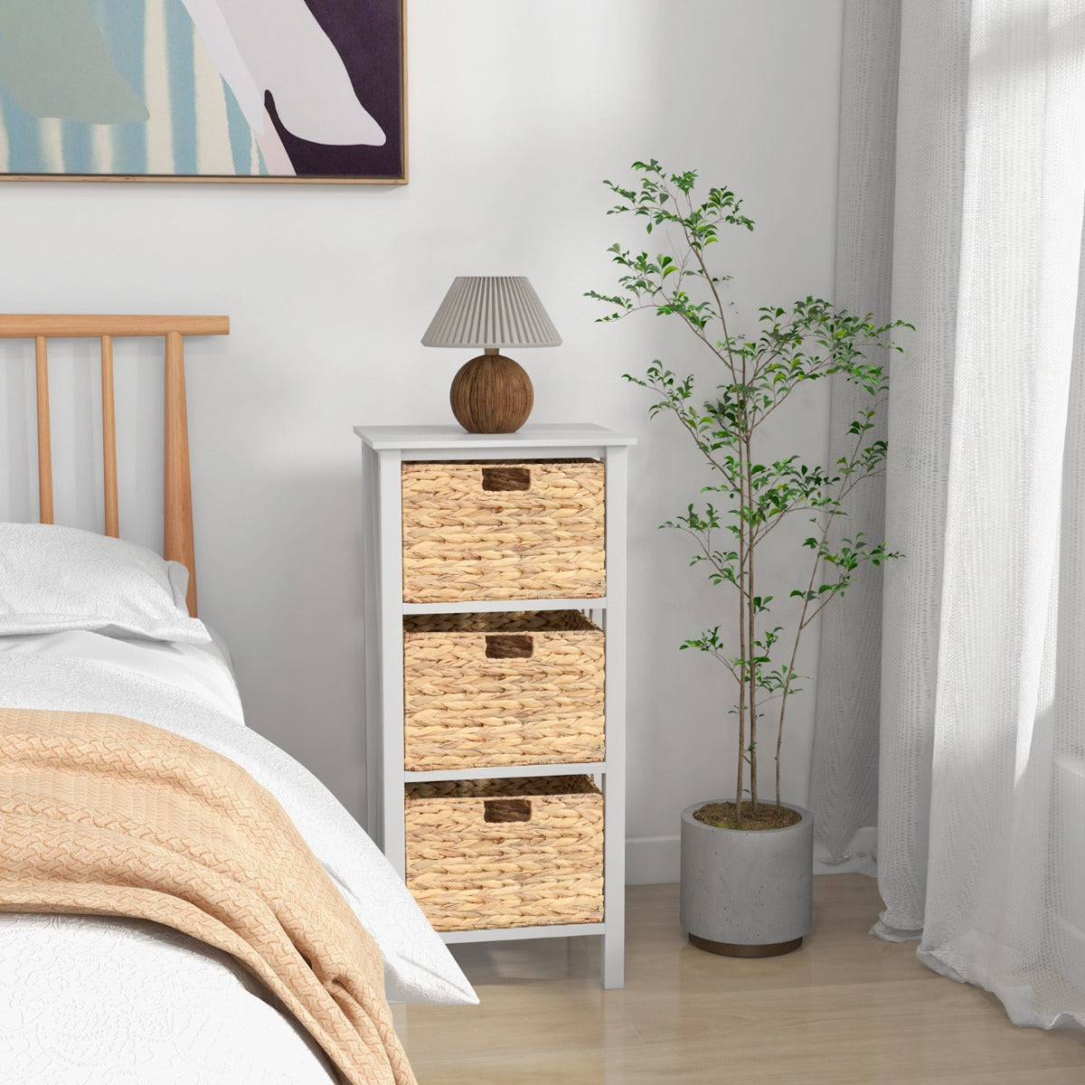 Set – med vånings sängbord sjögräskorgar och X Design smalt sidobord vitt – 2 4 3 – Vit