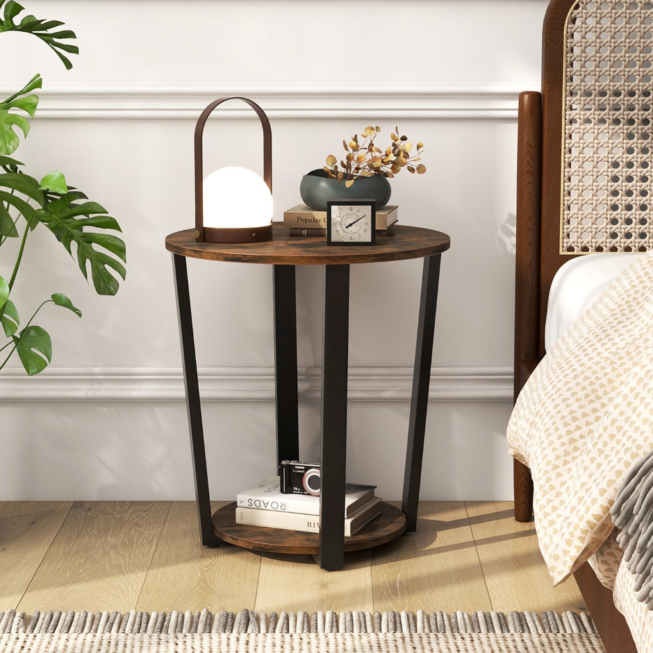 Runt – sidobord med öppen hylla och metallram vånings accentbord Soffa – 2 – Rustik brun