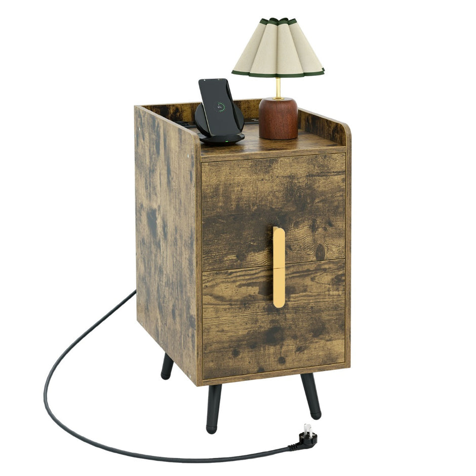 Sängbord – med laddstation smalt lådor och USB portar – 2 40 x 32 x 60 cm – Rustik brun