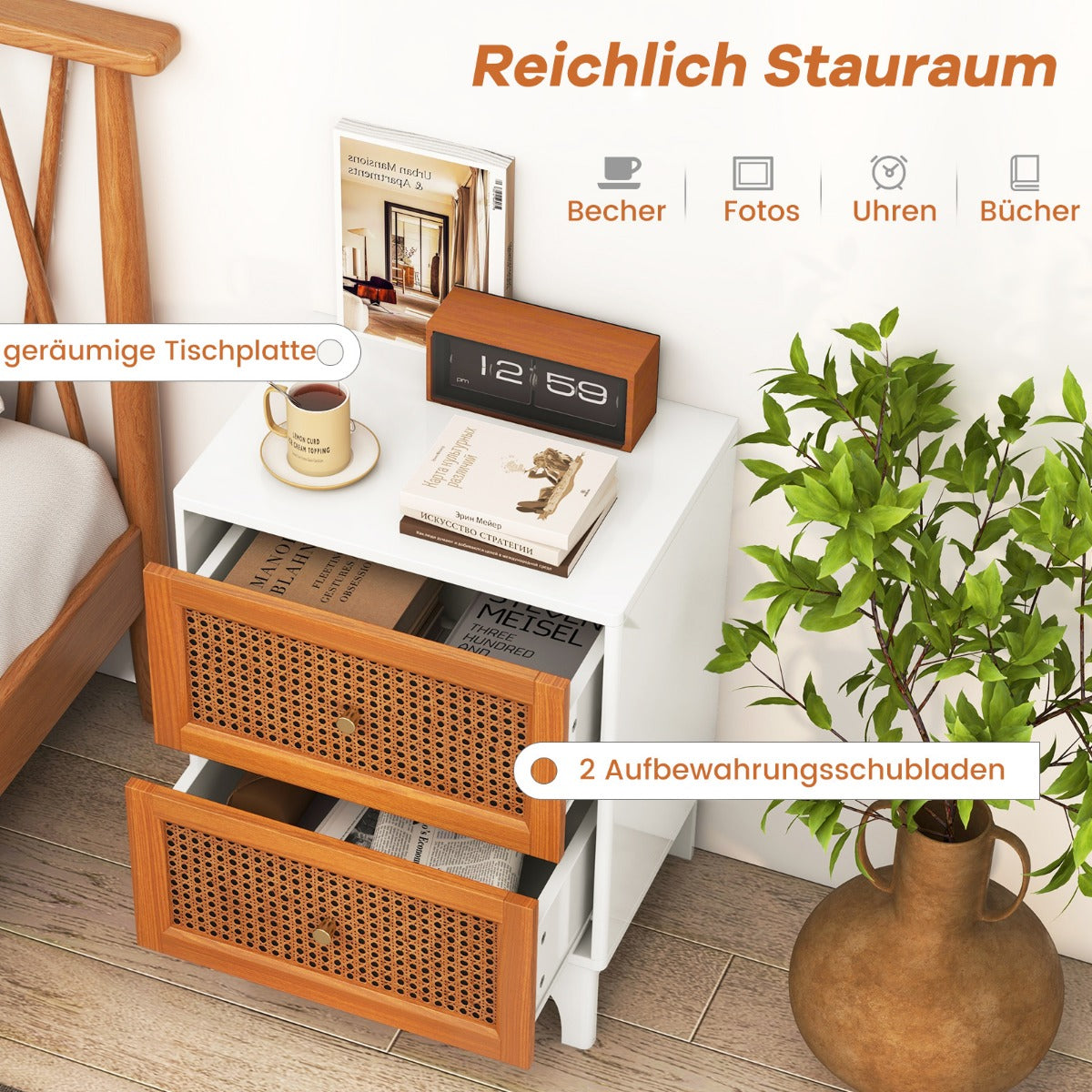 Sängbord – Rotting nattduksbord med lådor Sidobord massiva träben + – 2 46 x 33 x 59,5 cm – Vit