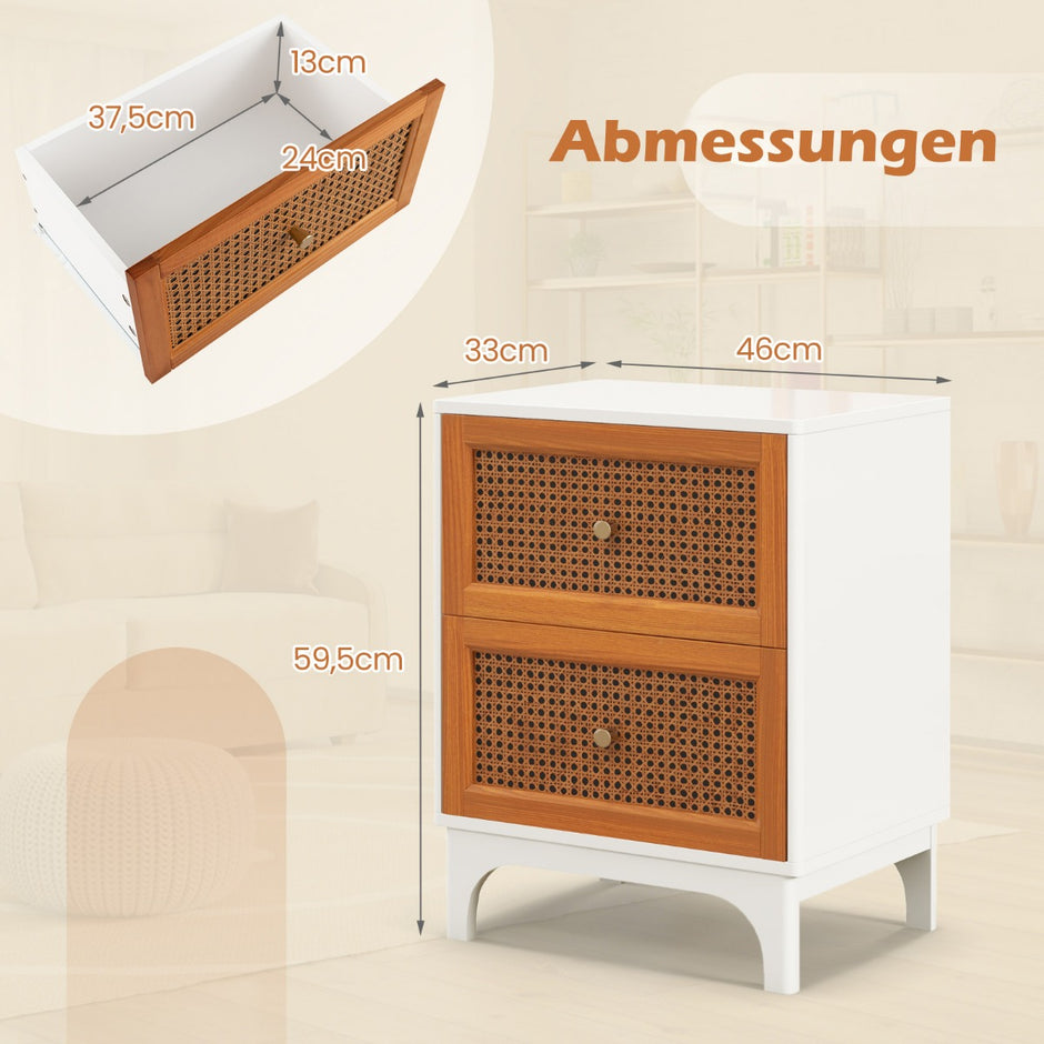Sängbord – Rotting nattduksbord med lådor Sidobord massiva träben + – 2 46 x 33 x 59,5 cm – Vit