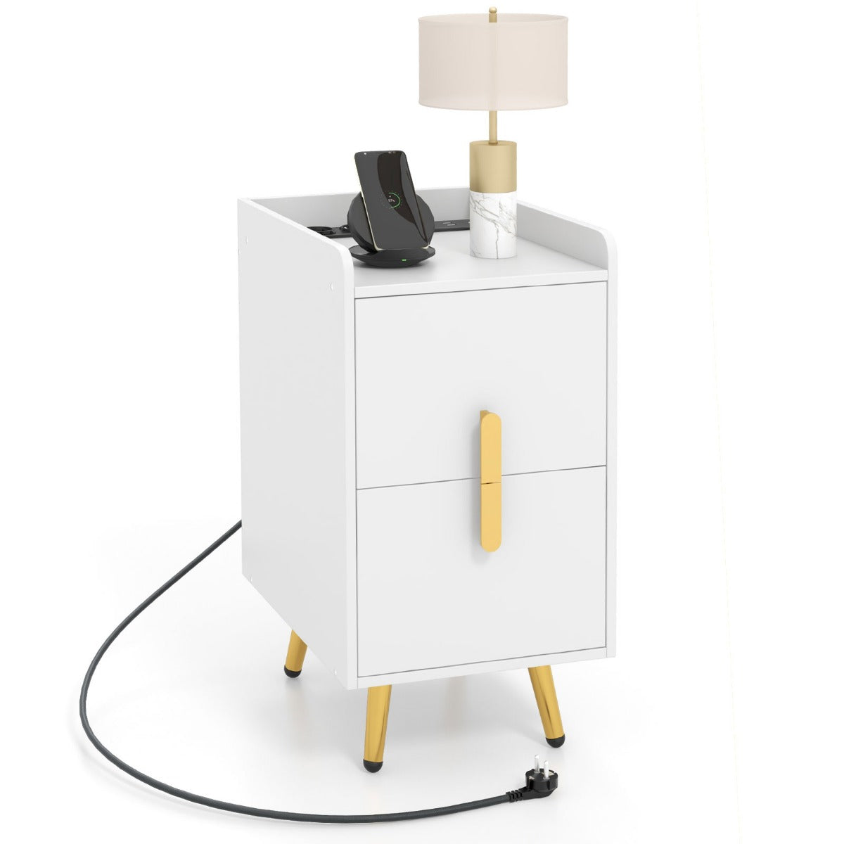 Sängbord – med laddstation, smalt lådor och USB portar, – 2 40 x 32 x 60 cm – Vit