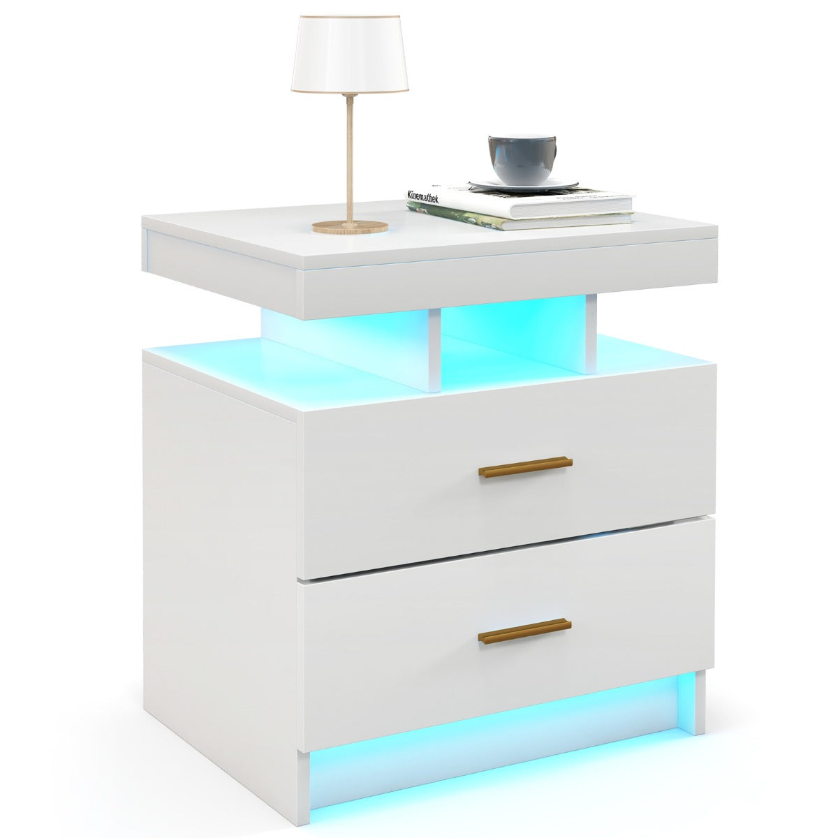 Sängbord – med LED belysning Nattduksbord Sidobord lådor – 2 50 x 40 x 58 cm – Vit