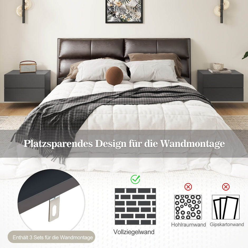 Sängbord – hängande vägghylla med lådor sidobord väggmonterad – 2 42 x 30 x 28 cm – Grå