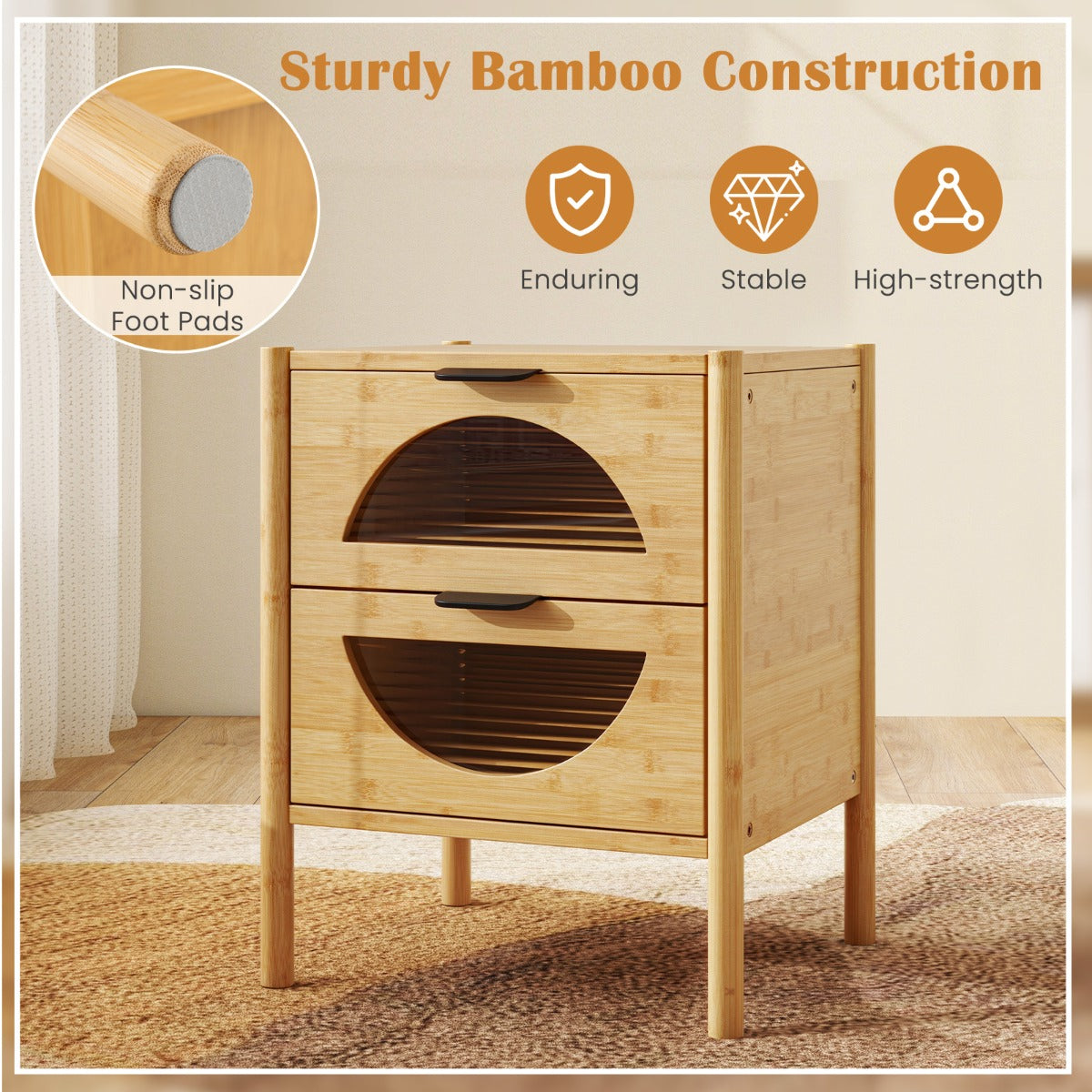set – bambus nattbord med lådor Modern sidobord Robust nattskåp – 2 2 – Natur