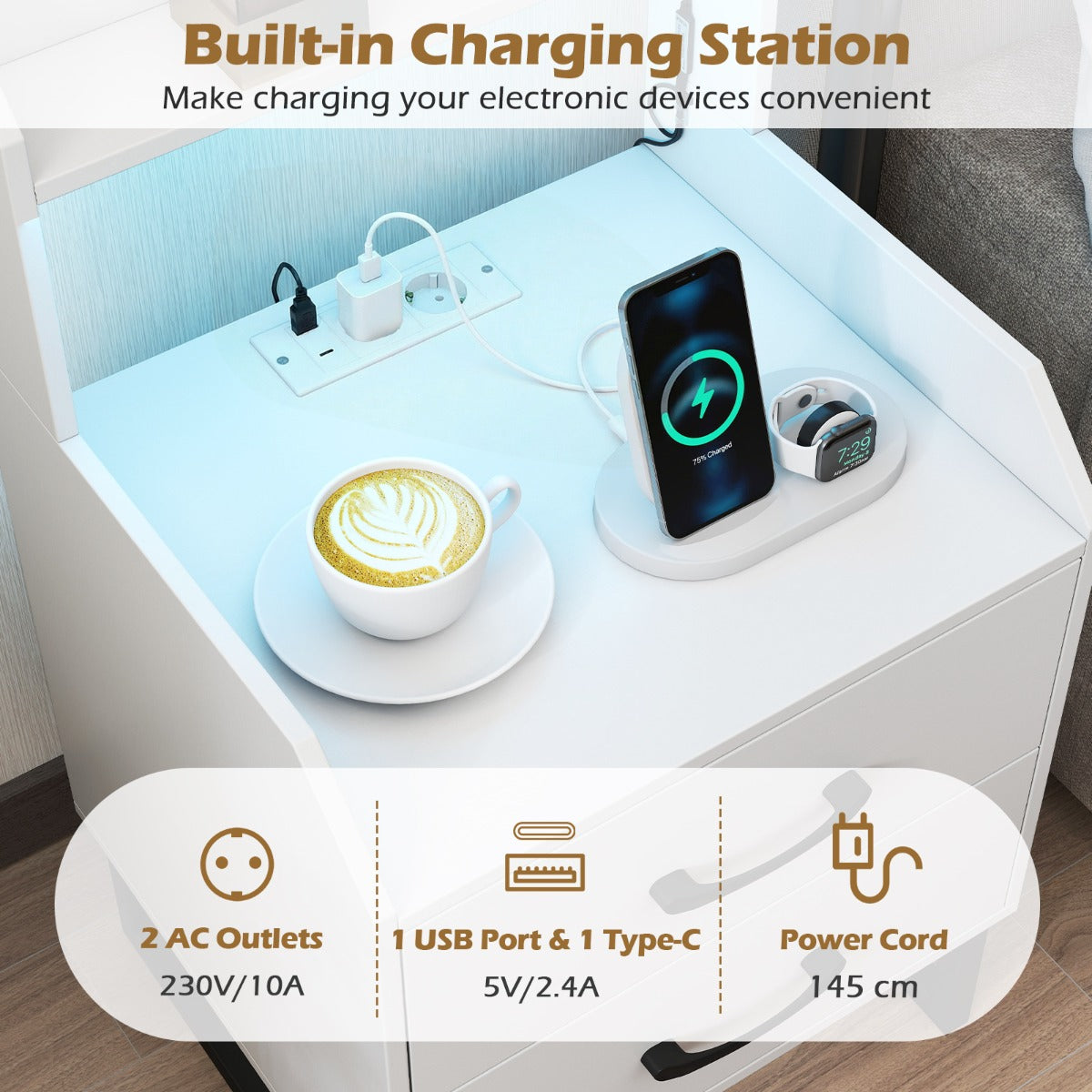 Nattduksbord – med integrerad laddningsstation, LED belysning och lådor Modernt sidobord Vitt – 2 – Vit