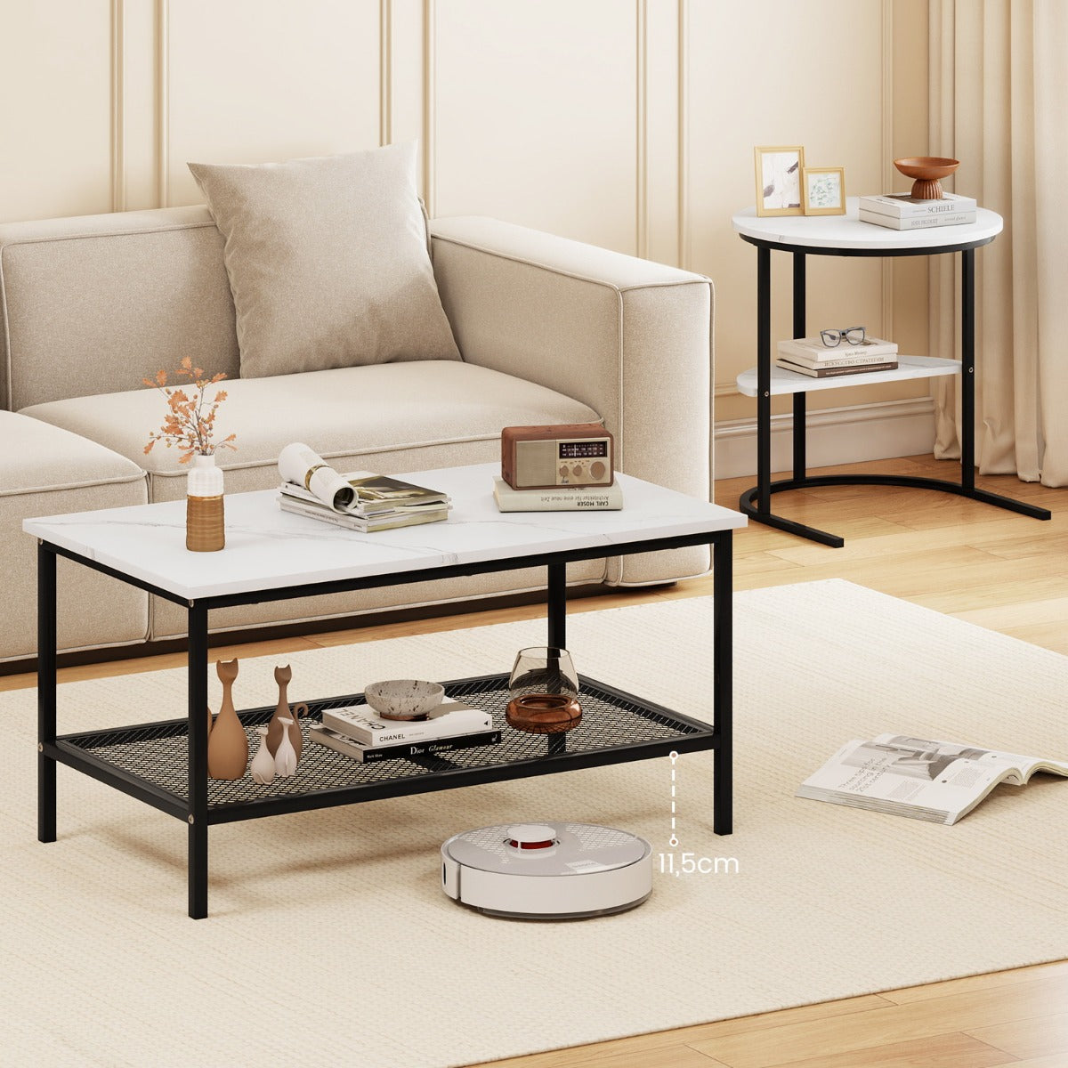 Kombinerbara – soffbord delat kaffebordsset med konstmarmorskiva – 2 – Svart och vit