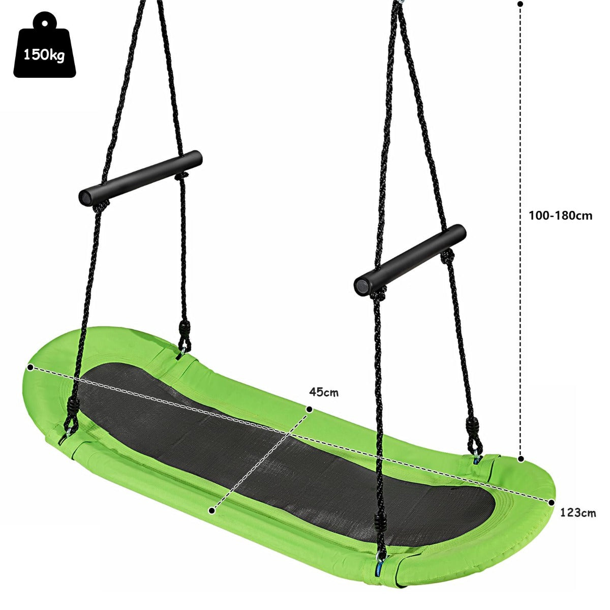 Bogunga – barnträdsgunga med justerbar rephängande – 100-180 cm 123 x 45 cm – Grön