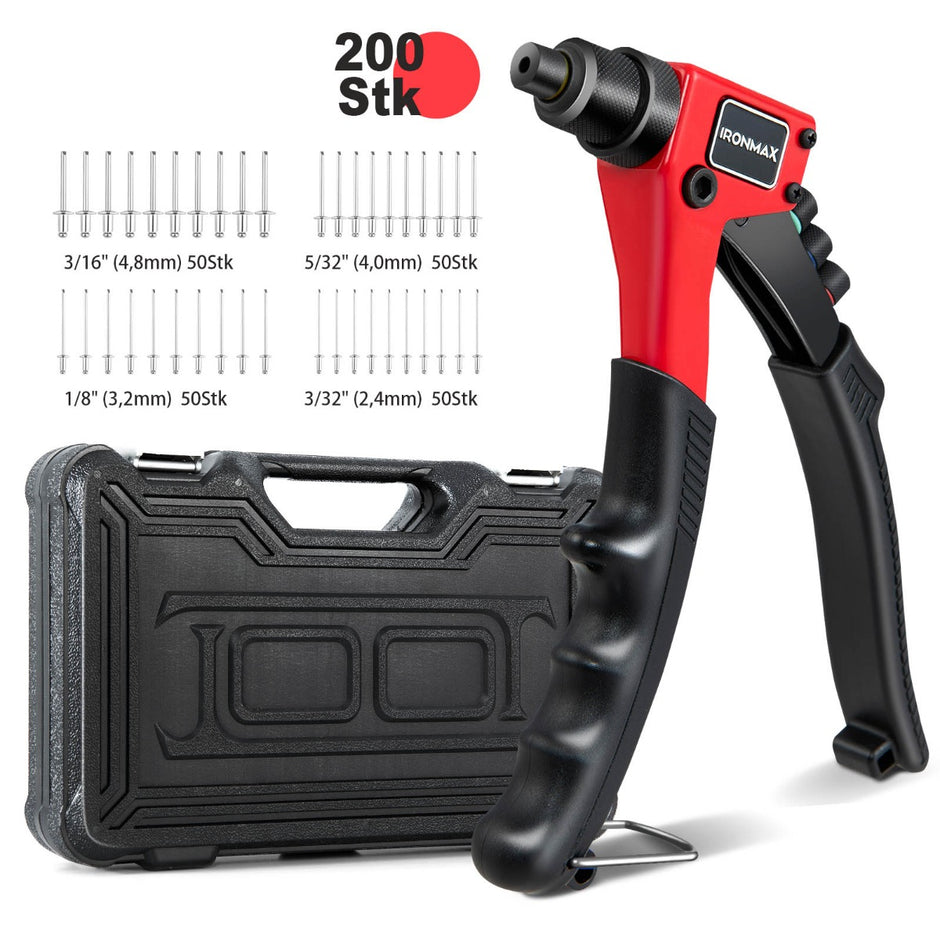 Handnitare – Heavy Duty manuell nitpistol med Nitverktygssats bärväska – 200 – Svart