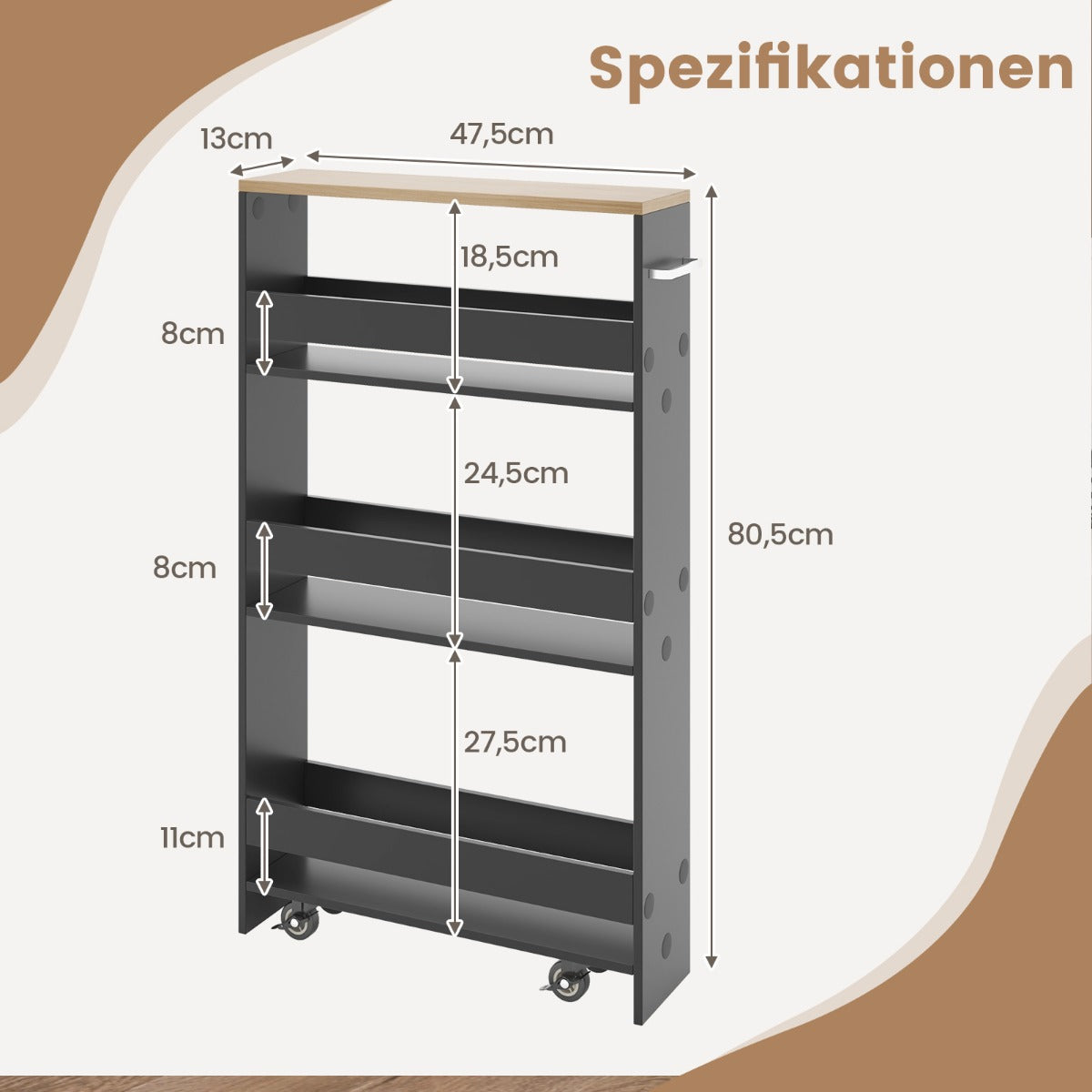 nivåer – nischhylla på hjul gjord av trä med handtag köksvagn + – 4 47,5 x 13 x 80,5 cm – Grå