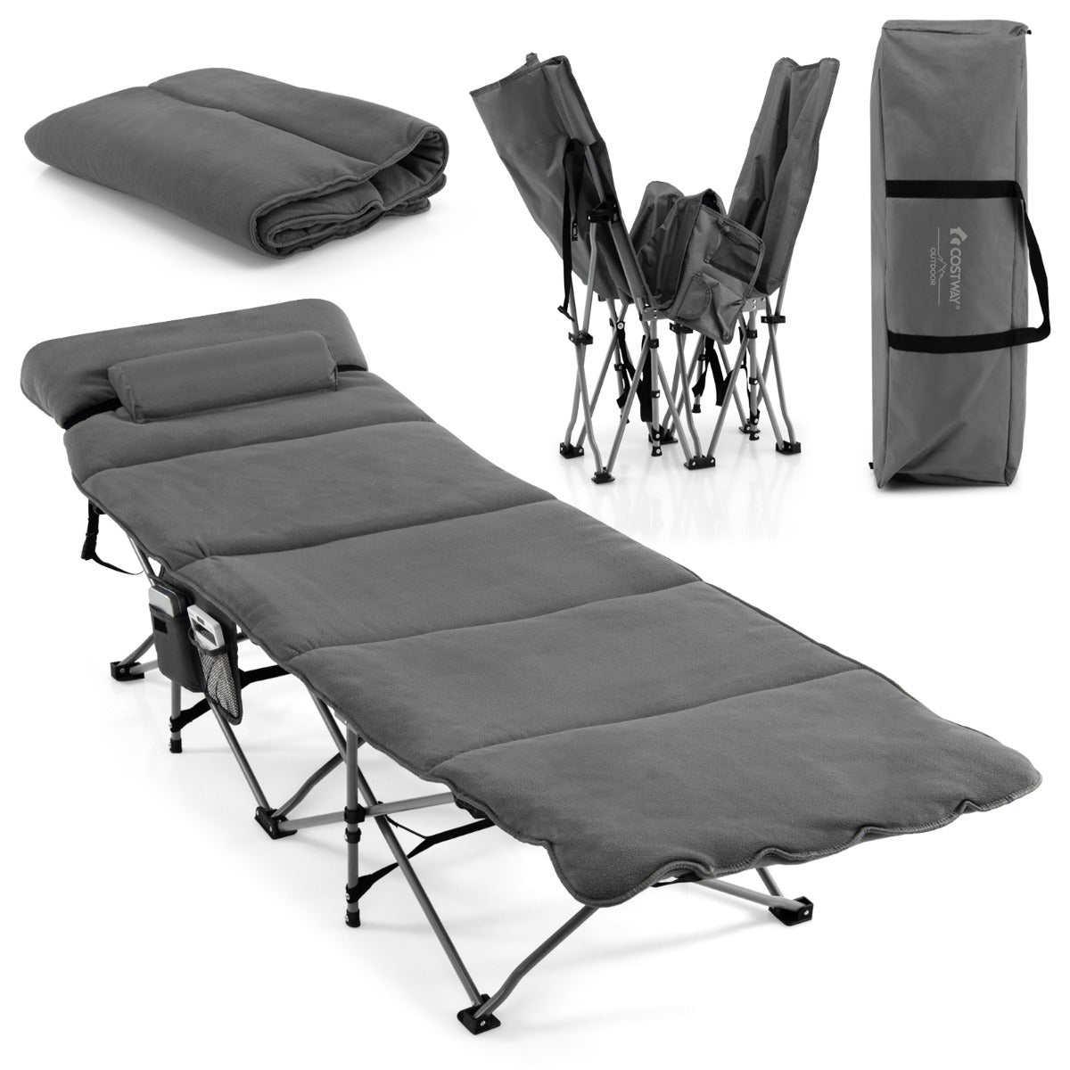 Hopfällbar – lägersäng med madrass – 185 cm x 65 cm x 41-53 cm – Grå
