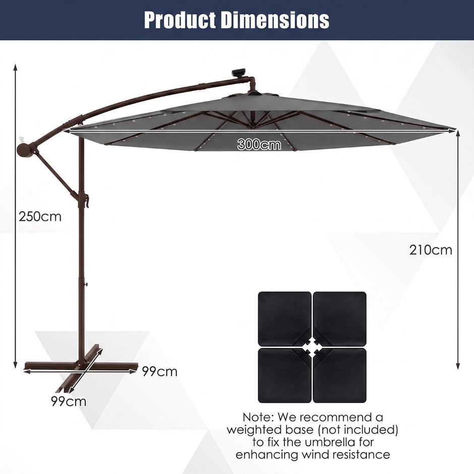 Parasoll – fribärande med solar LED lampor och vev – 300 cm 40 – Grå