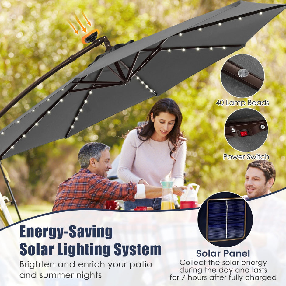Parasoll – fribärande med solar LED lampor och vev – 300 cm 40 – Grå