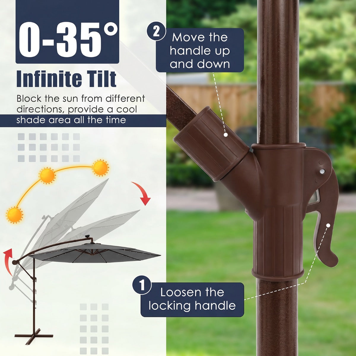 Parasoll – fribärande med solar LED lampor och vev – 300 cm 40 – Grå