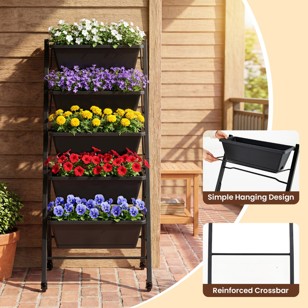 Vertikalt – odlingsbädd med hjul, våningar blommotrappa i metall – 5 57 x 68 x 117 cm – Svart